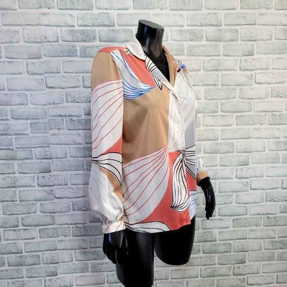 Vintage 70s Vera Neumann Abstract Sheer Blouse Shirt Button Up USA Antron Nylon - Picture 2 of 7